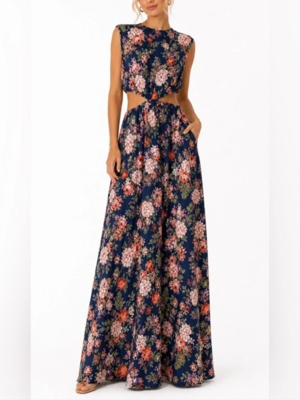 Abercrombie & Fitch Floral Fruits Cutout Maxi Dress Navy Cap Sleeve Size Medium